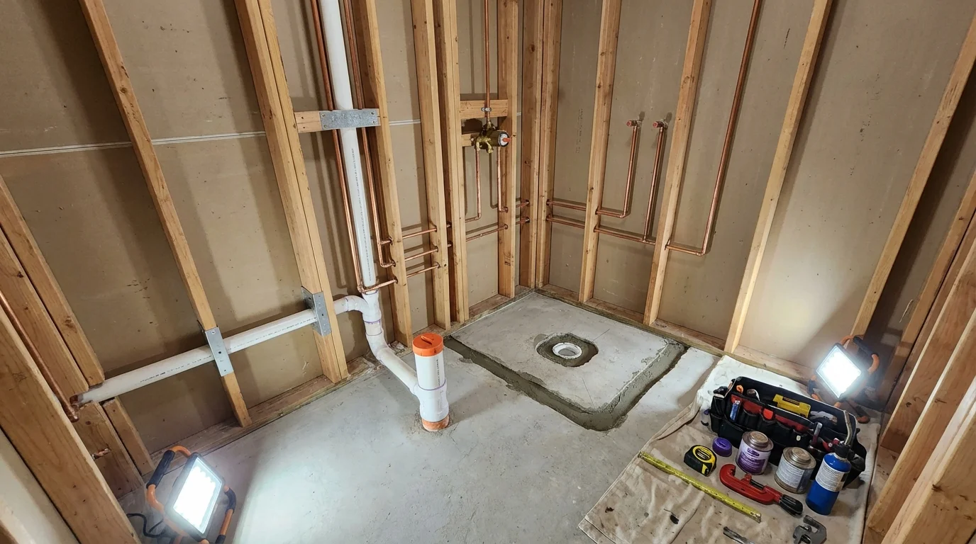 Bathroom rough-in plumbing during remodel by Johns Plumbing LLC in Mesilla