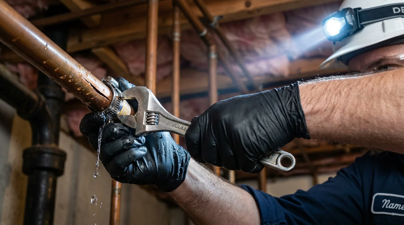 Emergency pipe clamp repair being performed by a Johns Plumbing LLC plumber in Mesilla